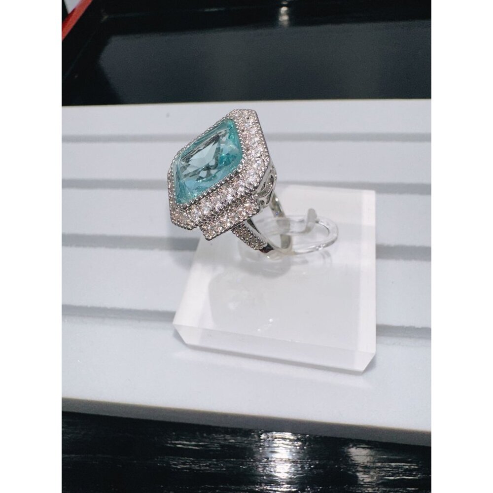 Aquamarine Cubic Zirconia Crystal Statement Ring Size 6 - Picture 15 of 16